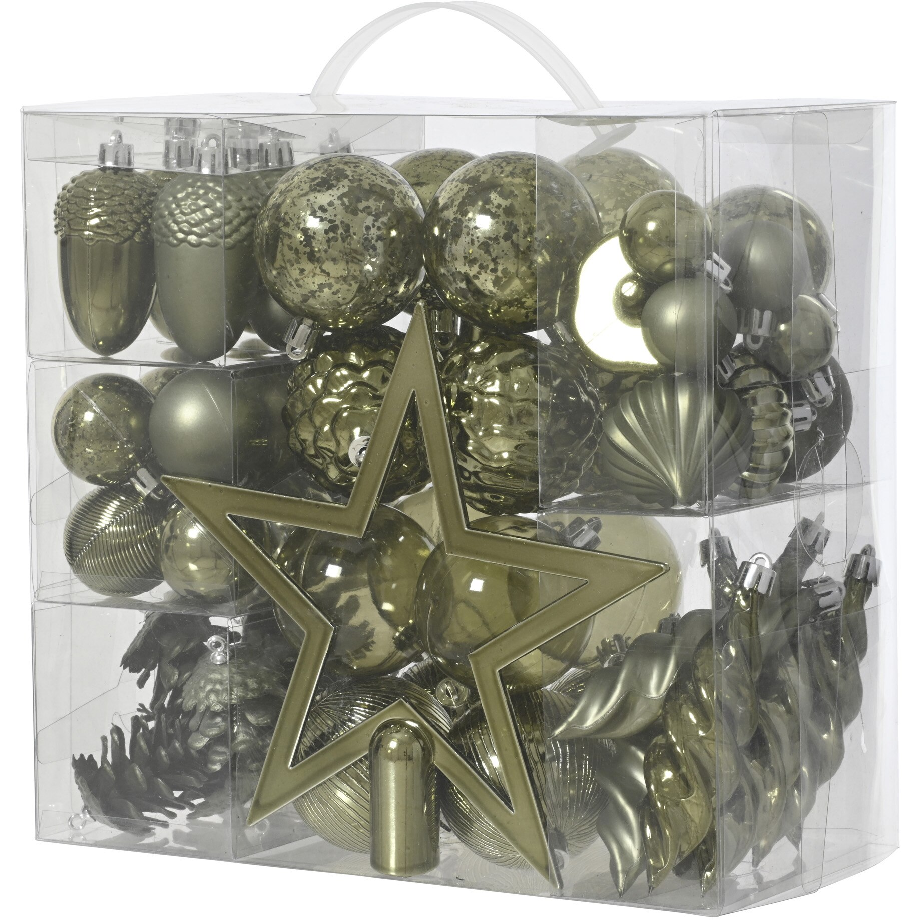 Set 59 globuri asortate si varf de brad Decoris, plastic, finisaje diverse, verde