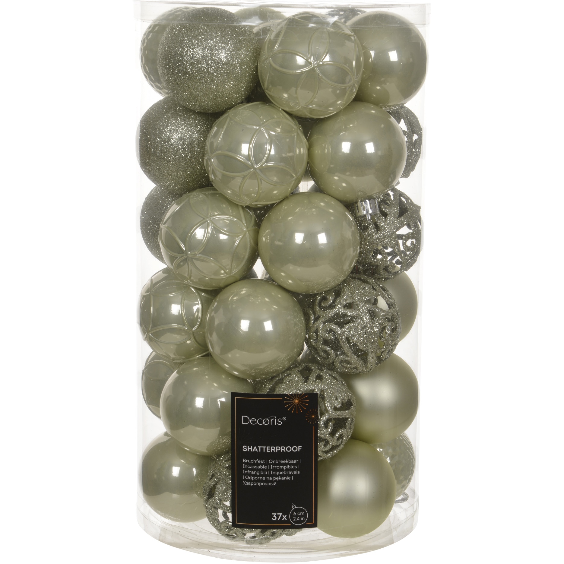 Set 37 globuri Craciun Decoris, diametru glob 6 cm, plastic, finisaje diverse, alb