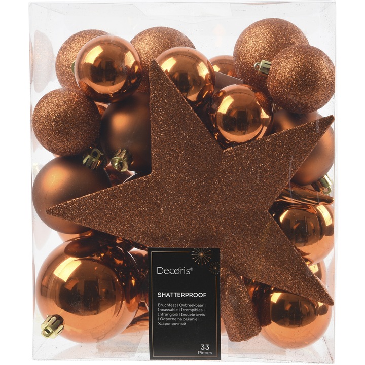 Set 32 globuri asortate si varf de brad Decoris, diametre 5-8 cm, plastic, finisaje diverse, maro-roscat