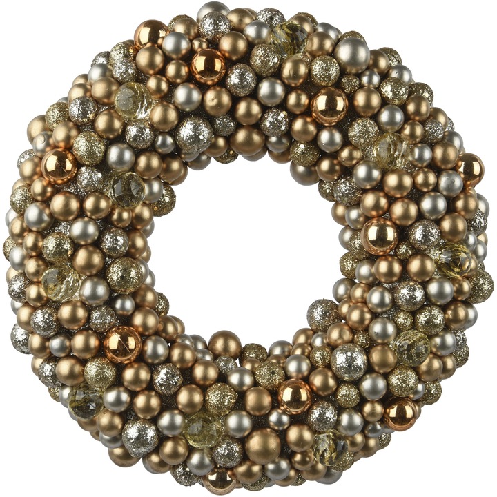 Coronita decorativa cu globuri Decoris, diametru 33 cm, plastic, auriu