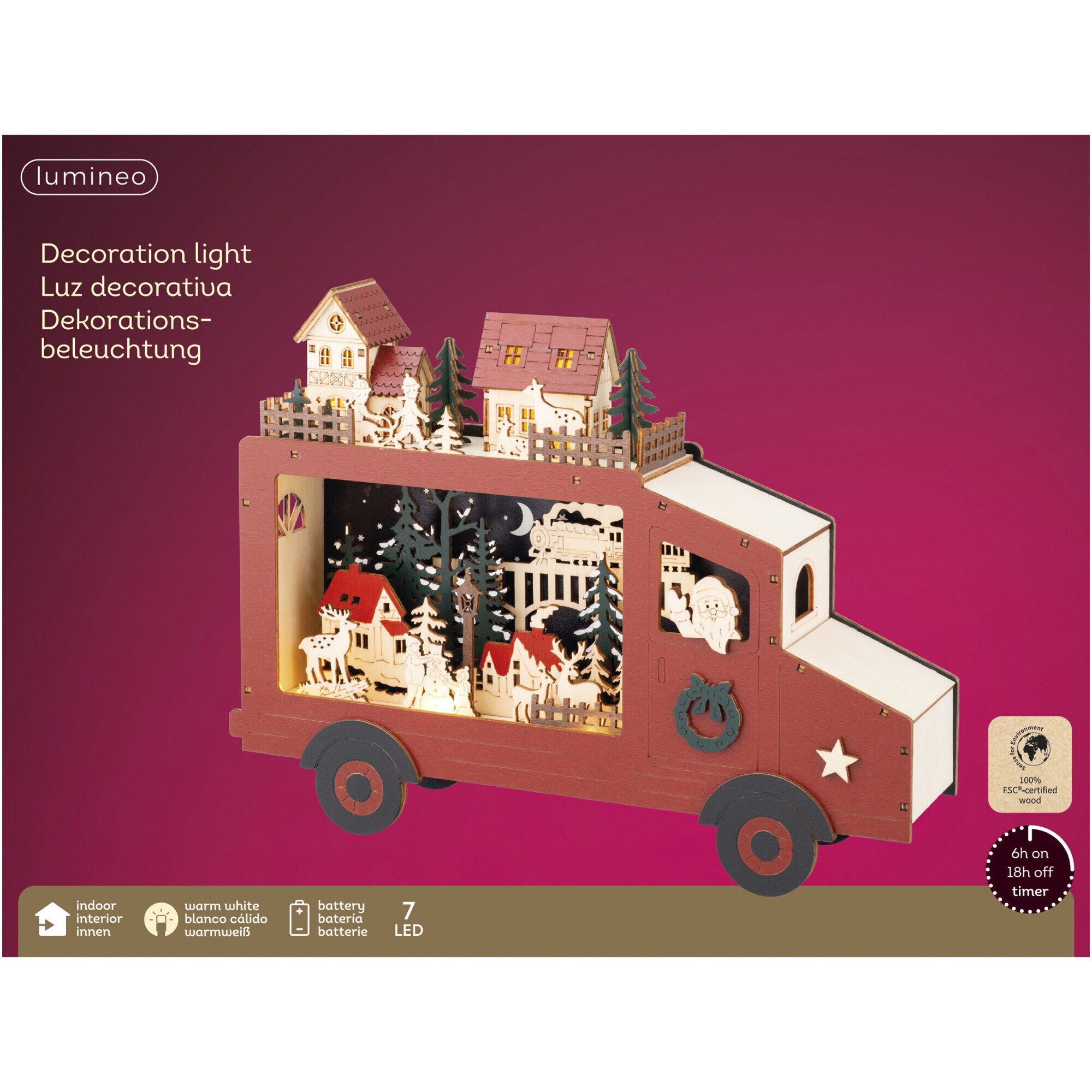 Decoratiune cu LED Santa's Truck Lumineo, 32x7 cm, 7 LED, lemn