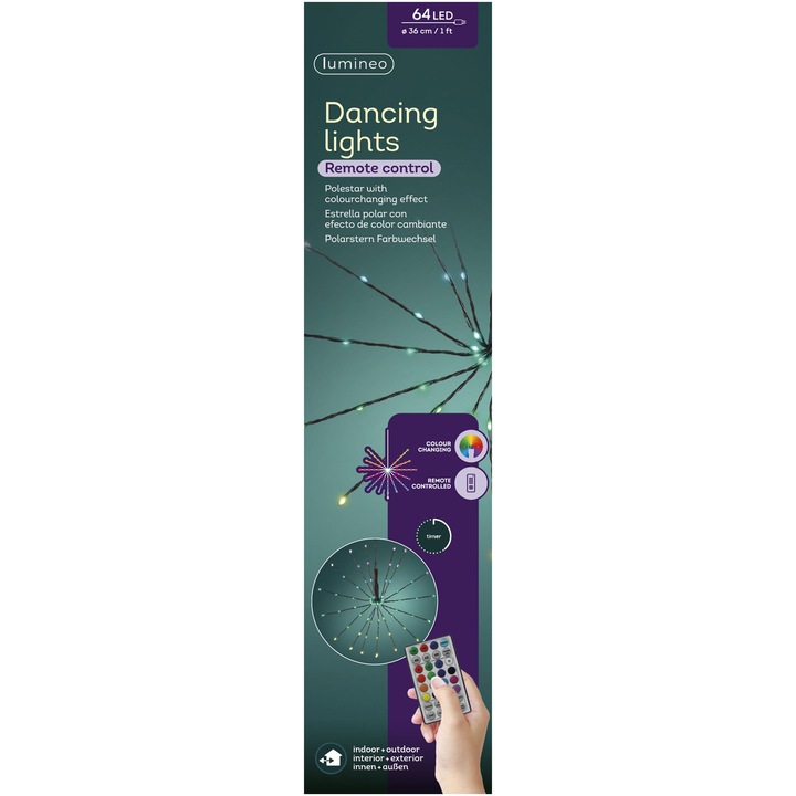 Instalatie luminoasa 3D 64 LED Dancing Lights Lumineo, diametru 36 cm, multicolor, cu telecomanda, cablu negru, protectie IP44, utilizare interior/exterior