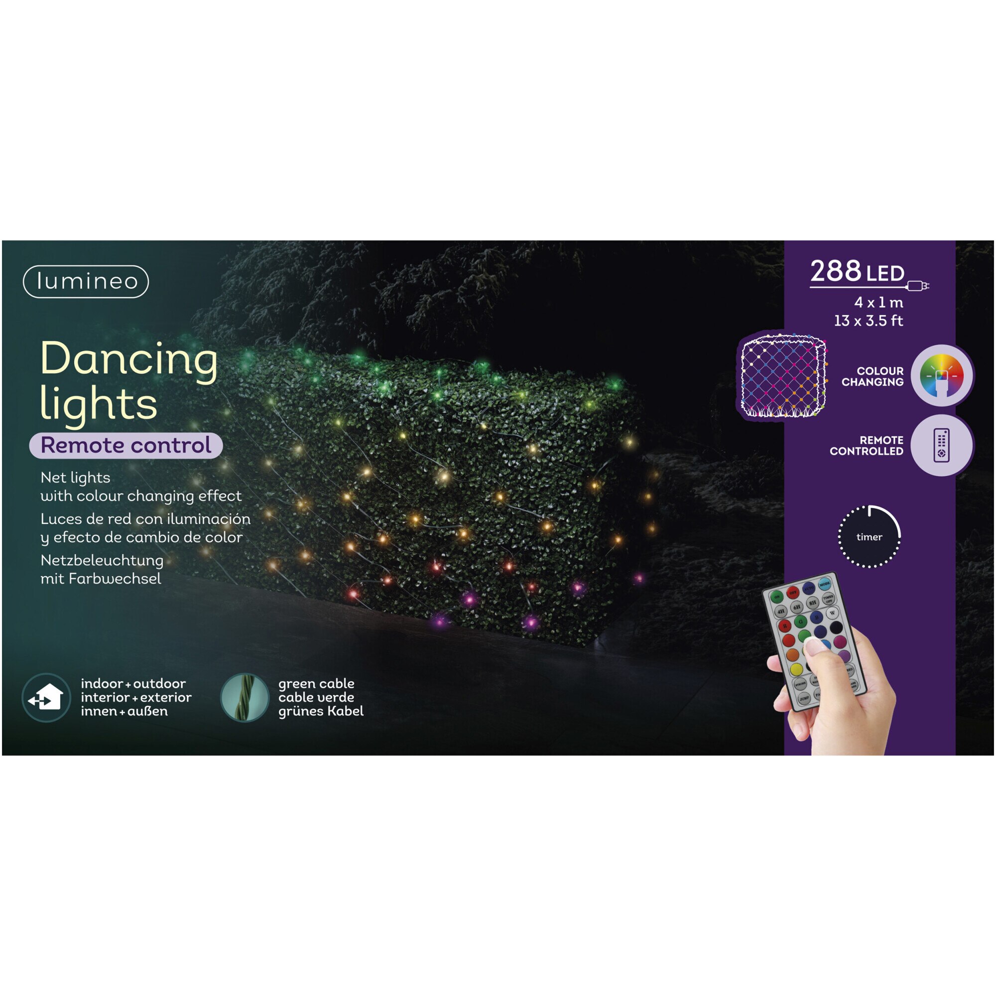 Perdea luminoasa 288 LED Dancing Lights Lumineo, 400x100 cm, multicolor, cu telecomanda, cablu verde inchis, protectie IP44, utilizare interior/exterior