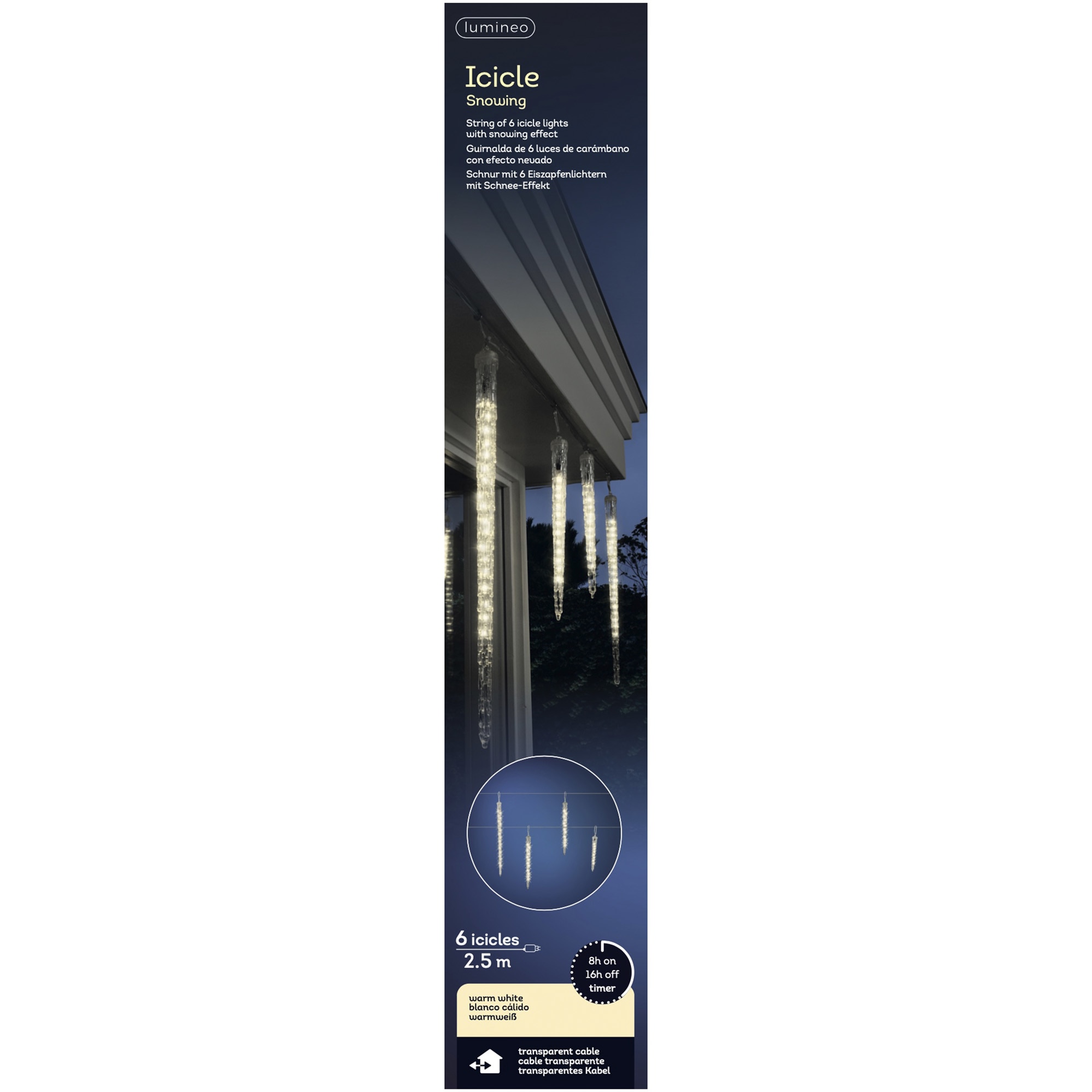 Instalatie luminoasa 148 LED Icicles Lumineo, 250 cm, 6 turturi, lumina alb cald, cablu transparent, protectie IP44, utilizare interior/exterior