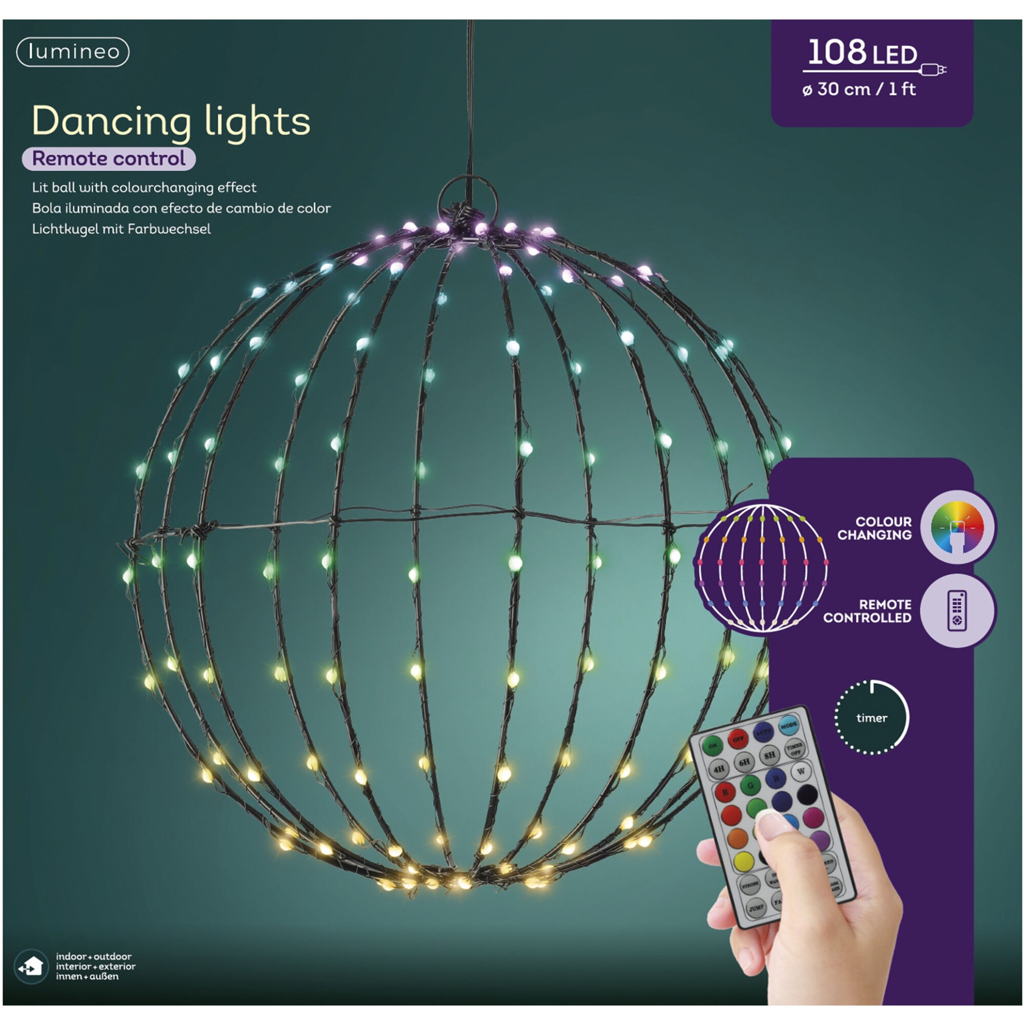 Instalatie luminoasa 3D 108 LED Dancing Lights Lumineo, diametru 30 cm, multicolor, cu telecomanda, cablu negru, protectie IP44, utilizare interior/exterior