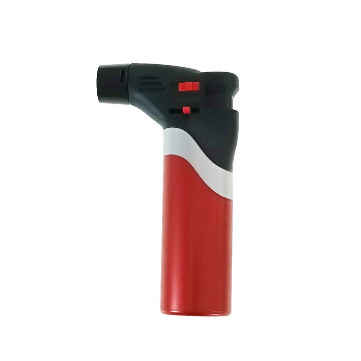 Bricheta cu gaz si aprinzator antivant, rezervor reincarcabil, buton blocare, flacara reglabila, lungime 12 cm, rosie 120 mm