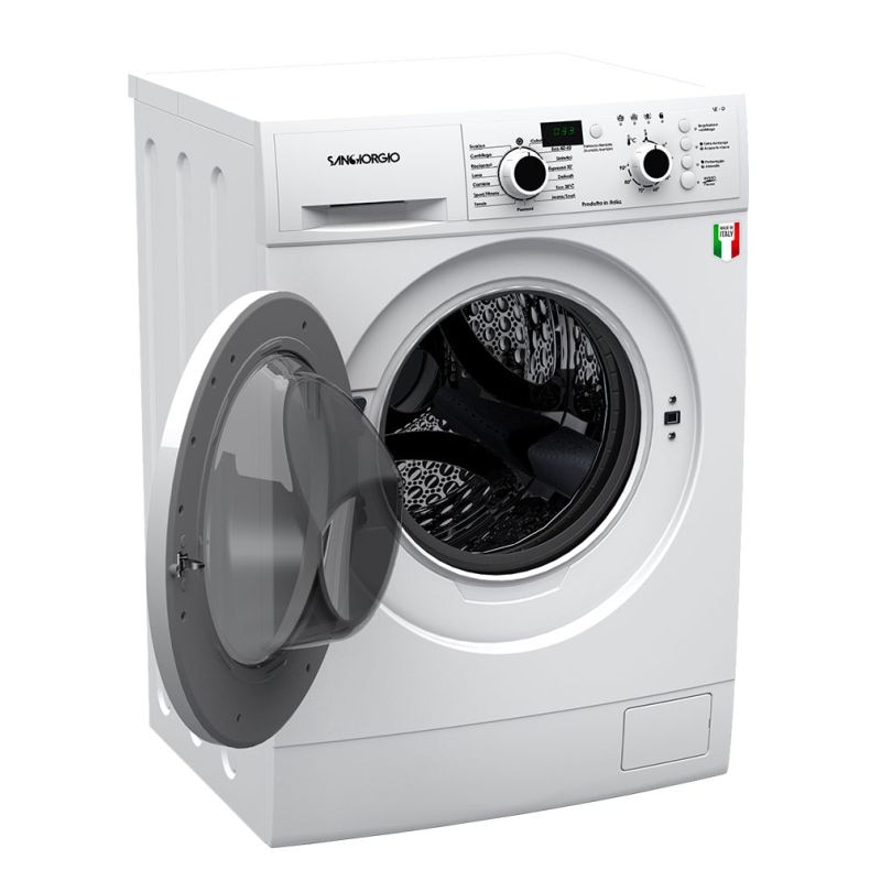 Masina de spalat rufe SanGiorgio, capacitate 8 kg, 1200 rpm, 15 programe, Made in Italy, functie autocuratare, ajustare automata a consumului, pornire programabila, mod ECO, spalare si clatire suplimentara, control electronic al balansului, alb
