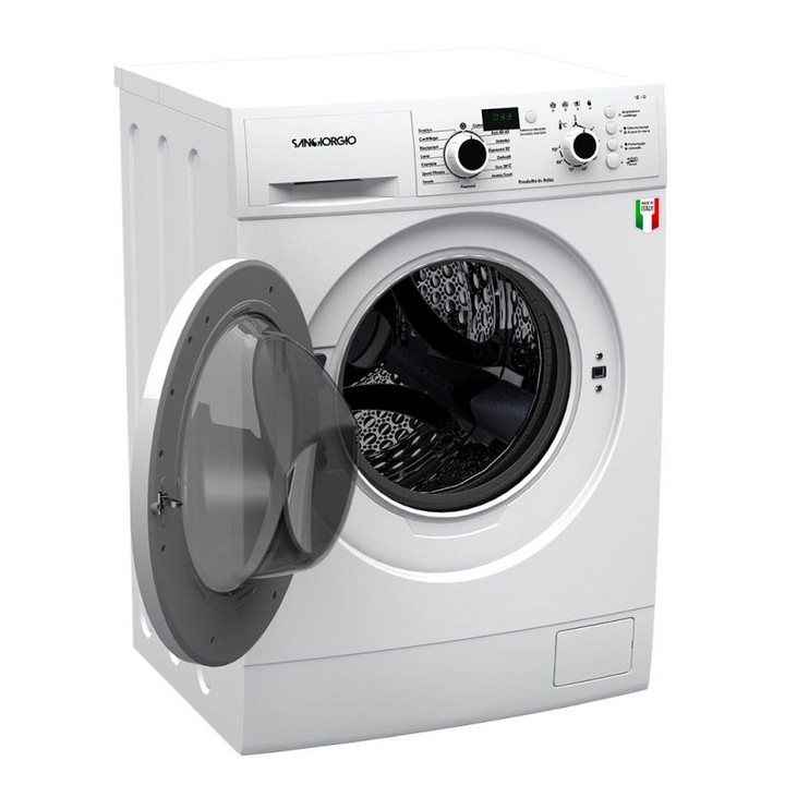 Masina de spalat rufe SanGiorgio, capacitate 8 kg, 1200 rpm, 15 programe, Made in Italy, functie autocuratare, ajustare automata a consumului, pornire programabila, mod ECO, spalare si clatire suplimentara, control electronic al balansului, alb