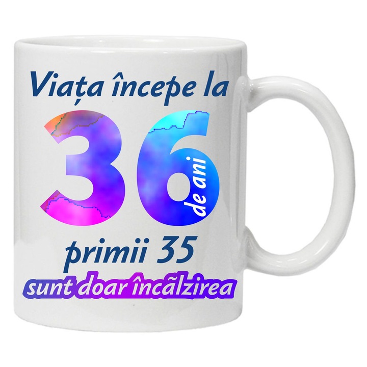 Cana personalizata " Viata incepe la ", 36 ani, CRD PRINT, 330ml, alba