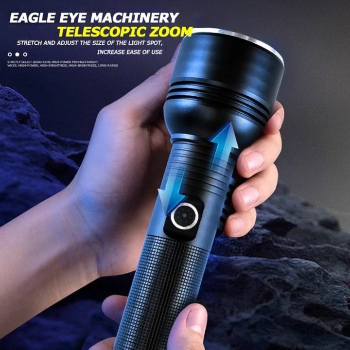 Lanterna tactica cu LED, 1500 ML, USB, 4 moduri de iluminare, Negru