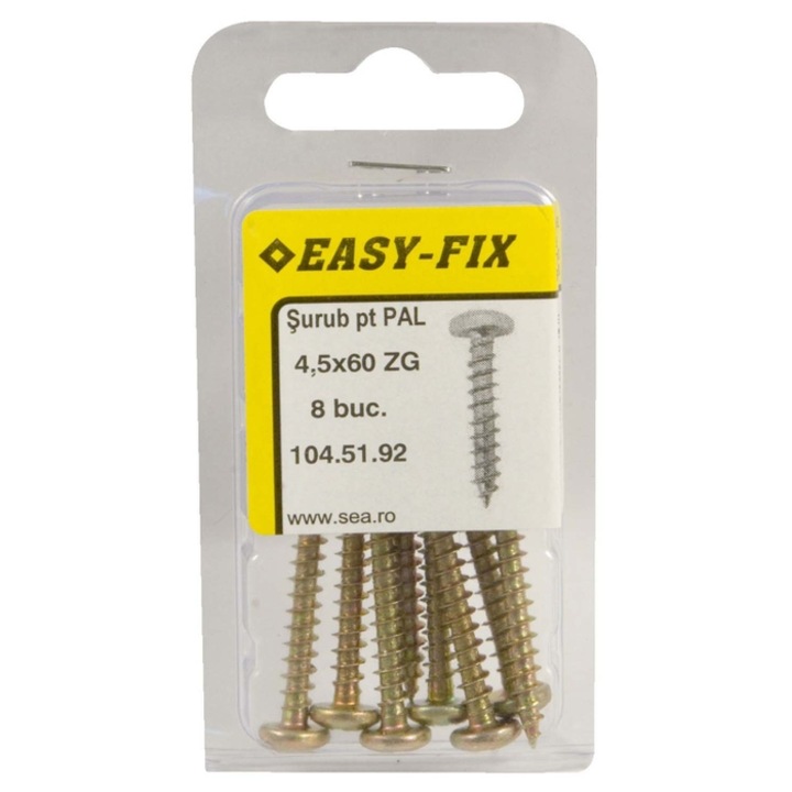 Surub pentru PAL / lemn, cu cap bombat, amprenta cruce, Easy-Fix, otel, zincat galben, 4.5 x 60 mm, set 8 bucati