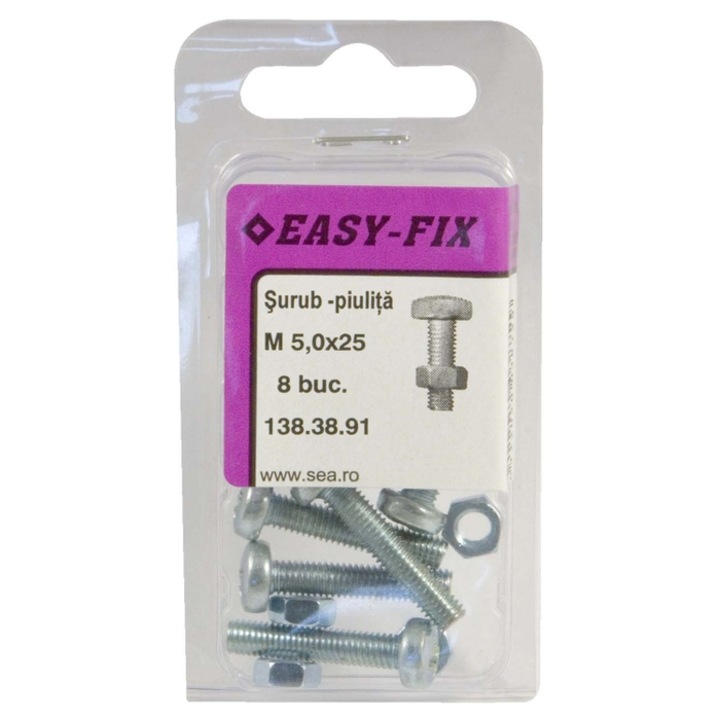 Surub cu cap bombat, amprenta cruce, cu piulita, Easy-Fix, otel, zincat alb, M5 x 25 mm, set 8 bucati