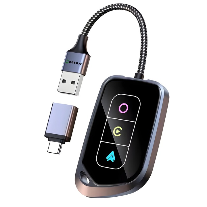 Adaptor Auto Wireless 2 in 1 goBERA®, Pentru masini cu Carplay/AndroId de fabrica prin cablu, Compatibil IOS 10+ si Android 11+, Modul Apple CarPlay si Android Auto, WiFi 5Ghz, Procesor AI, Configurare usoara Plug and Play, Conectie USB-A/C