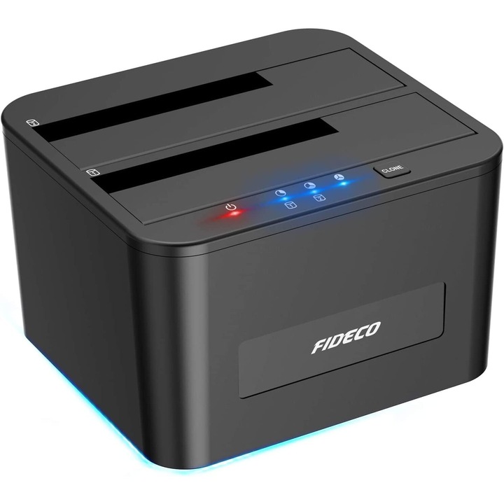 Докинг станция с двоен твърд диск, FIDECO, USB 3.0, съвместим с Rack SATA HDD/SSD 2.5"/3.5", докинг станция 3 в 1 с функция за офлайн клониране, двойно отделение, черен