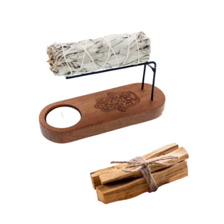 Set fumigatie cu lemn de palo santo, suport model Hamsa si salvie alba californiana, 10cm