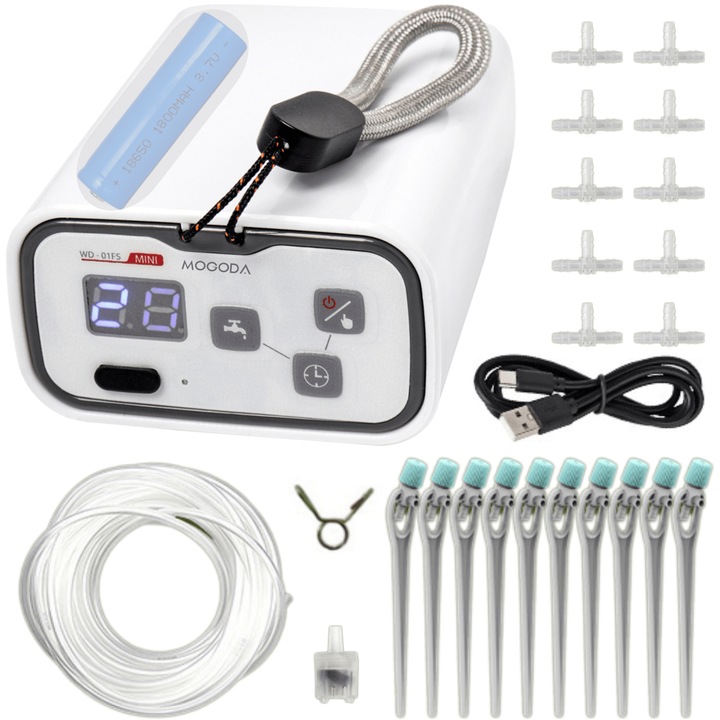 Kit de irigare automat la radacina plantelor MOGODA®, Programator si temporizator irigare, Pentru 10 ghivece, Tija picurare reglabila, Udare prin picurare, Acumulator 1800mAh, Furtun 10m, Alb mat