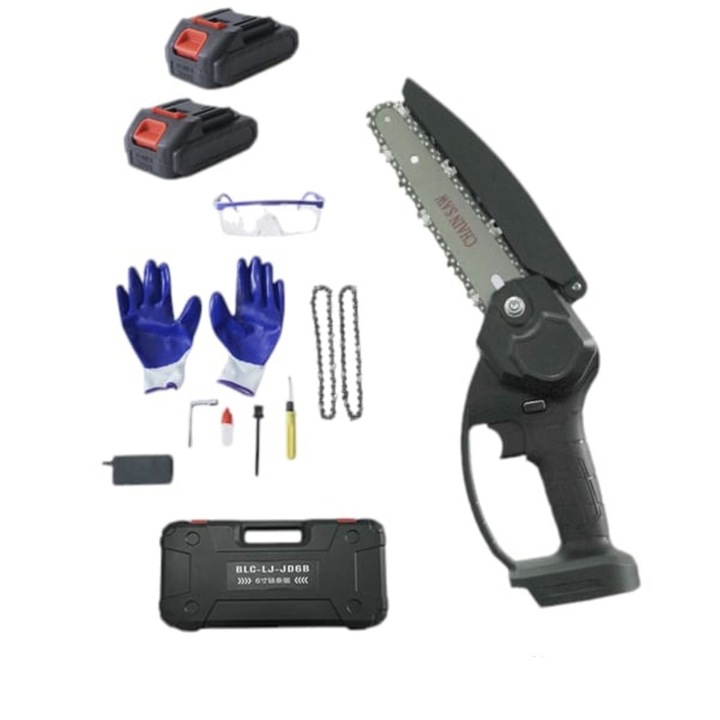 Mini ferastrau cu lant si accesorii, Arvada Gardentool 2407, 800w, viteza lant 5m/s, 6" marimea lamei, 2 baterii 21V, Negru