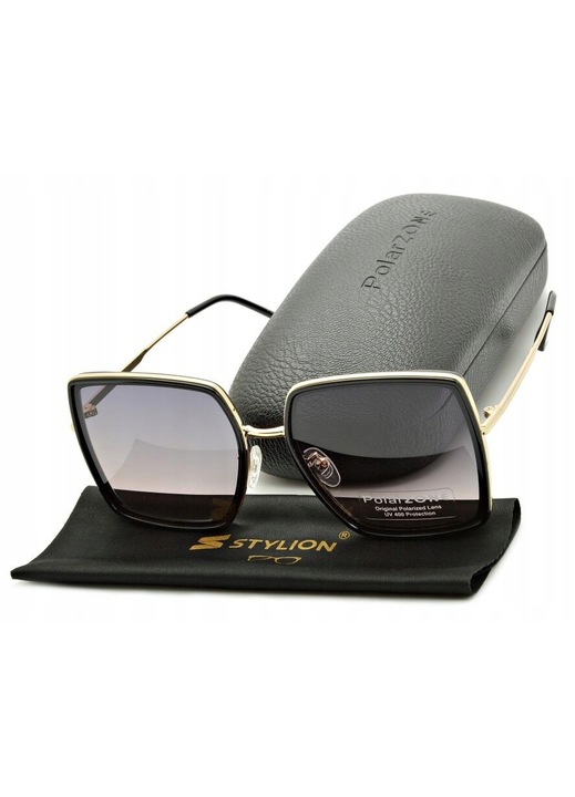 Ochelari de soare dama cu etui, PolarZone, polarizati, UV 400, negru/auriu, 54-15-150
