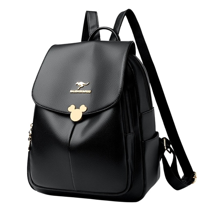 Rucsac dama elegant, Piele ecologica, Buzunare cu fermoar, Logo metallic, design modern, Negru, 32x25x14cm