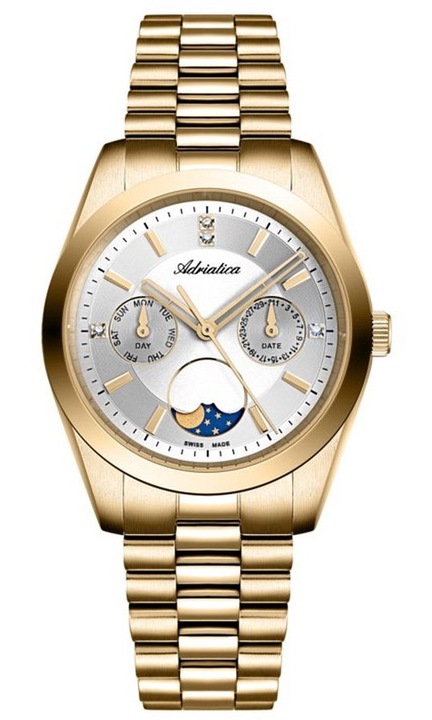 Часовник Adriatica Moonphase, кварцов, водоустойчив 5 ATM, златист, сребрист