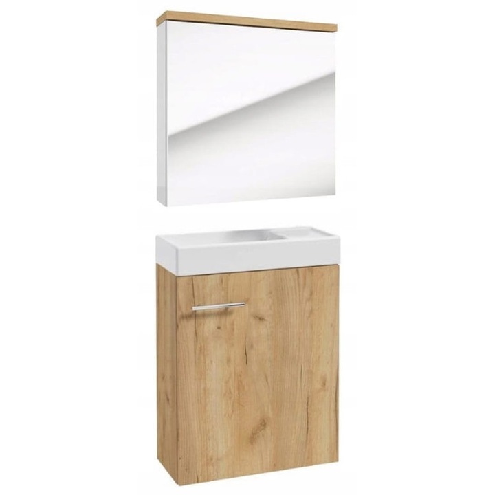 Set Mobilier Baie DomoDomo Verona, Dulap cu Lavoar 50x70cm, Dulap cu Oglinda 50x60cm, Dab Craft, Alb Multifunctional
