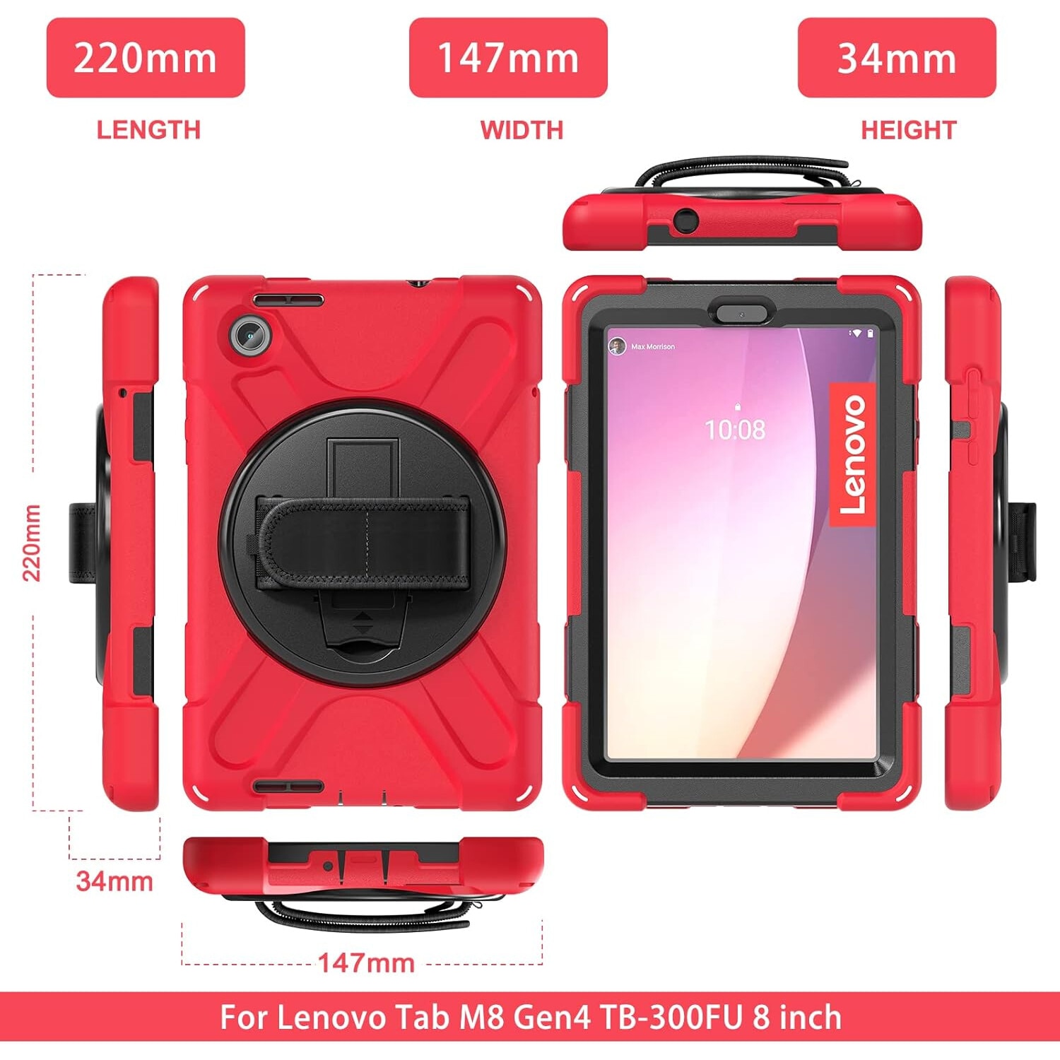 Husa Shockproof Armor, Sigloo, pentru tableta Tableta Lenovo Tab M8 HD (4th Gen), 8 inch, Heavy Duty 3 In1 Hybrid Cover, cu suport smart pen, Red