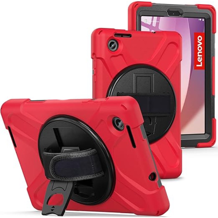 Удароустойчив брониран калъф, Sigloo, за таблет Lenovo Tab M8 HD (4-то поколение), 8 инча, Heavy Duty 3 In1 Hybrid Cover, със смарт държач за писалка, червен