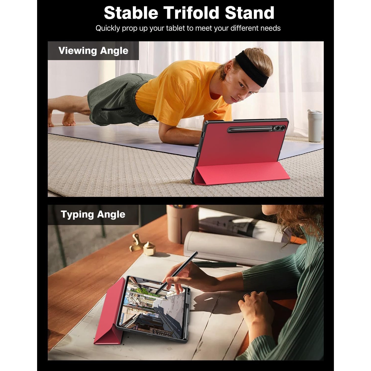 Husa pentru Samsung Galaxy Tab S9 Plus / S9 FE+ 12.4 inch UltraSlim de tip stand, functie sleep/wake-up, Smart Cover, model Burgundy, Sigloo