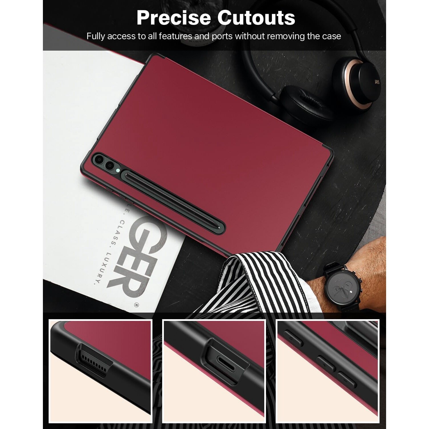 Husa pentru Samsung Galaxy Tab S9 Plus / S9 FE+ 12.4 inch UltraSlim de tip stand, functie sleep/wake-up, Smart Cover, model Burgundy, Sigloo