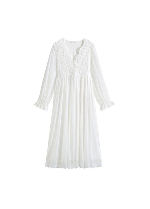 Női pizsama, Jormftte, hálós hálóing, hosszú ujjú, fehér, csipkével