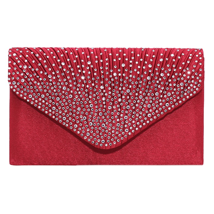 Clutch cu strasuri, Cozevdnt, Satin, Rosu