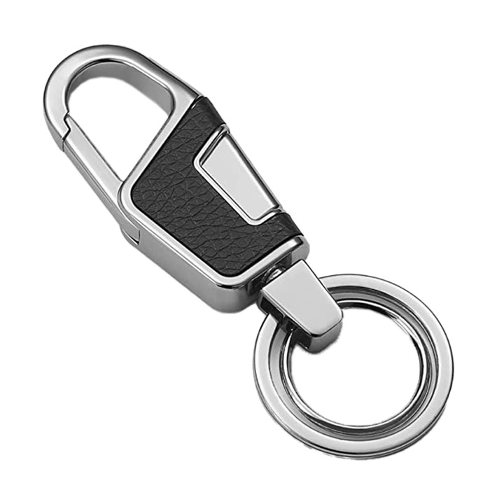 Kulcstartó, QttvbTna, marhabőr / fém, korrózióálló, 3,3 x 9 cm, fekete / ezüst