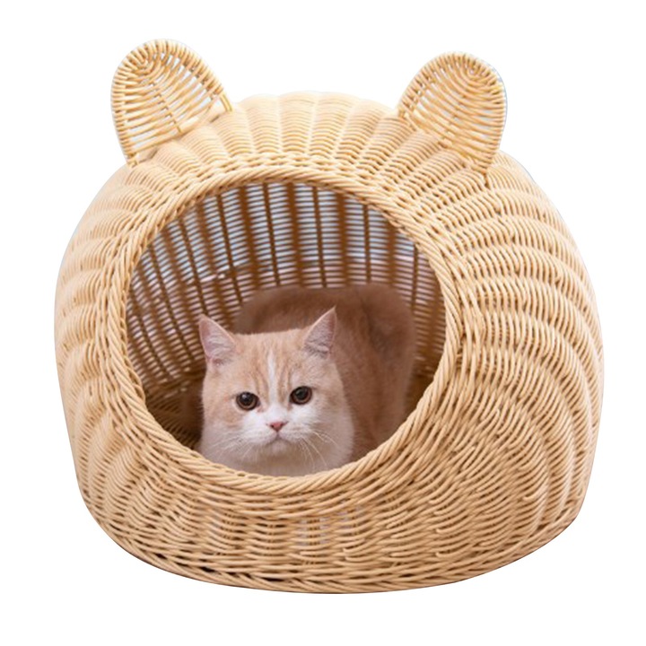 Culcus pentru pisici, Cozevdnt, rattan sintetic, respirabil, lavabil, semi-inchis, interior, 30x30x30cm