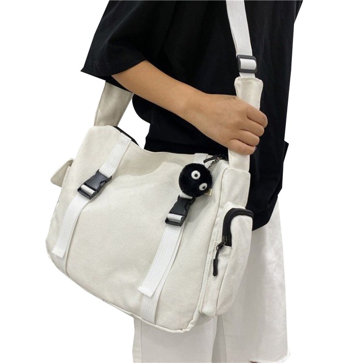 Geanta hobo mare, BGHYHYHI, capacitate mare, material canvas, alb, dimensiuni ajustabile