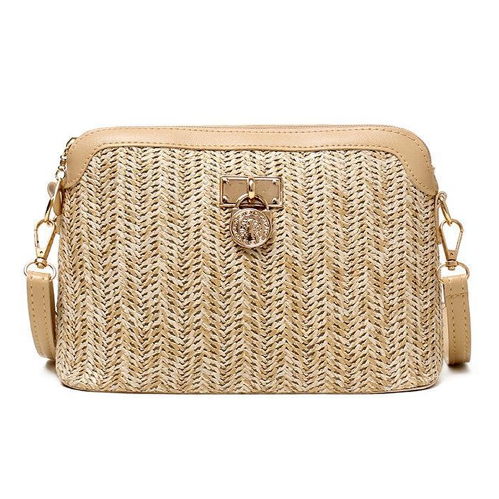 Szalma válltáska, Jormftte, sárga, 23 x 15cm, állítható pánt 116cm