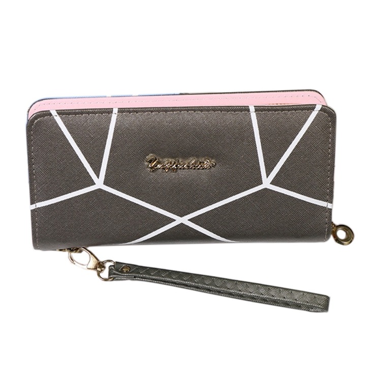 Дамски портфейл AMRINUGL, сив, лачена кожа, един размер, голям капацитет, отделения с цип