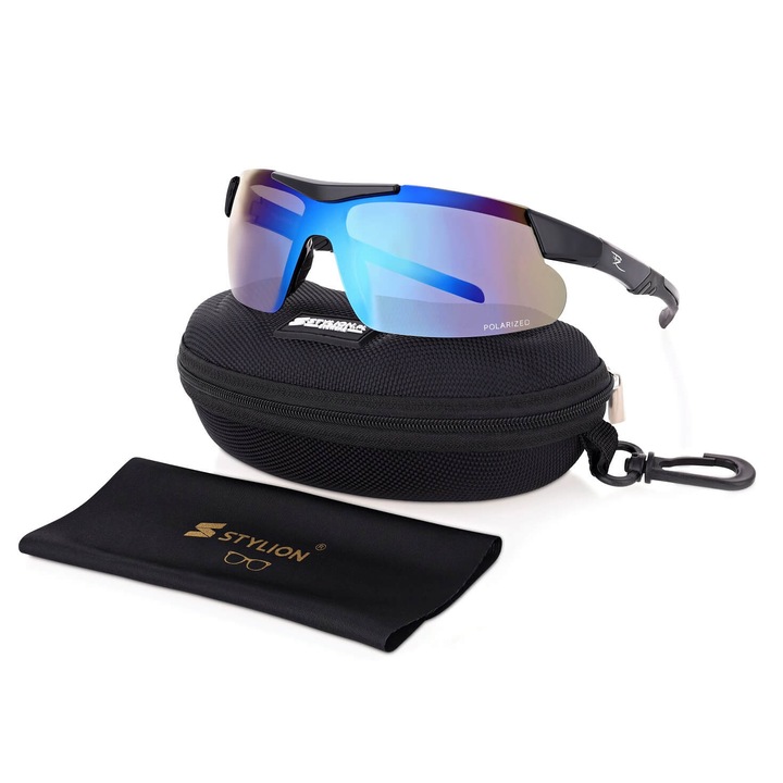 Ochelari de soare sportivi PolarZone POL-447, polarizati UV400, lentile albastre tip oglinda, cadru flexibil negru policarbonat pentru ciclism, alergare, condus, barbati si femei