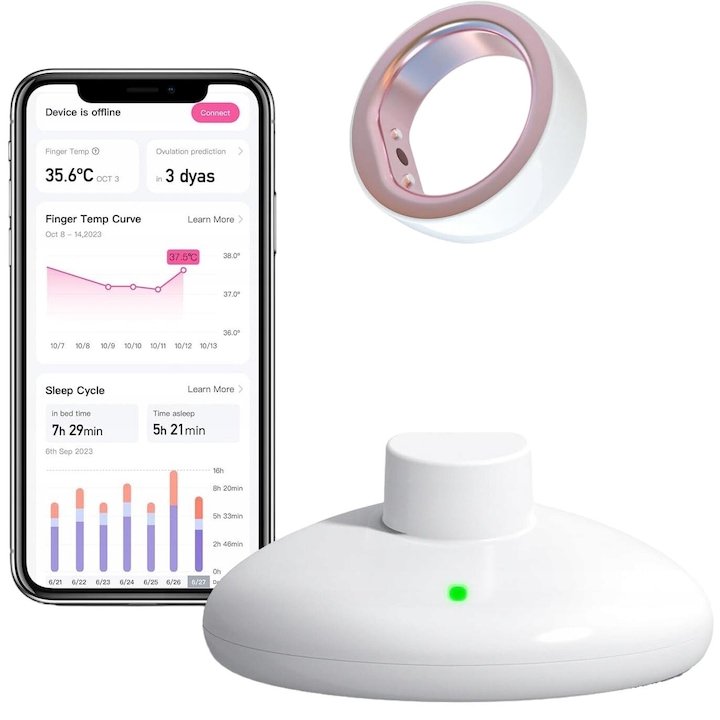 Пръстен за проследяване на плодовитостта и овулацията, фемометър, зарядна станция, размер 9, бял