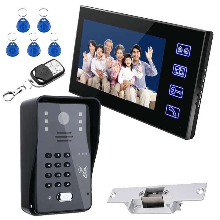 Sistem de interfon video cu ecran 7 inch, control acces RFID, vizibilitate nocturna, impermeabil, negru