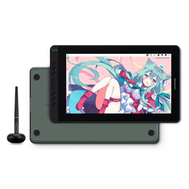 Tableta grafica 13.3", Huion, Full HD IPS, 8192 Nivele de presiune, Verde, Suport reglabil