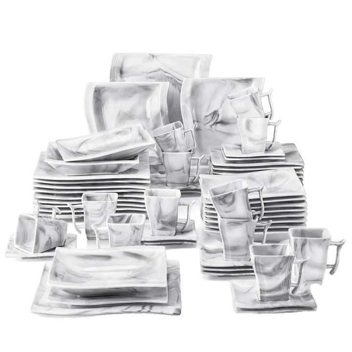 Étkészlet 60 db, porcelán, márvány kivitel, fehér\szürke