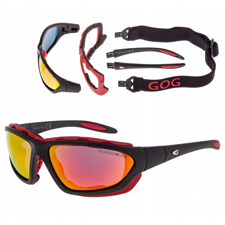 Ochelari sportivi GOG E327-2P, polarizati, filtru UV400, rama negru cu rosu, lentile rosu-portocaliu, set complet