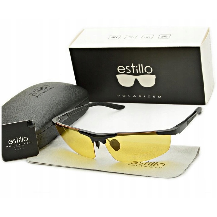 Ochelari de soare sportivi barbati ESTILLO fotocromatici polarizati lentile galben-gri filtru UV400 antireflex ajustabili cu balamale FLEX si rame negre mate perfecti pentru condus pescuit ciclism alergare in aer liber protectie solara maxi