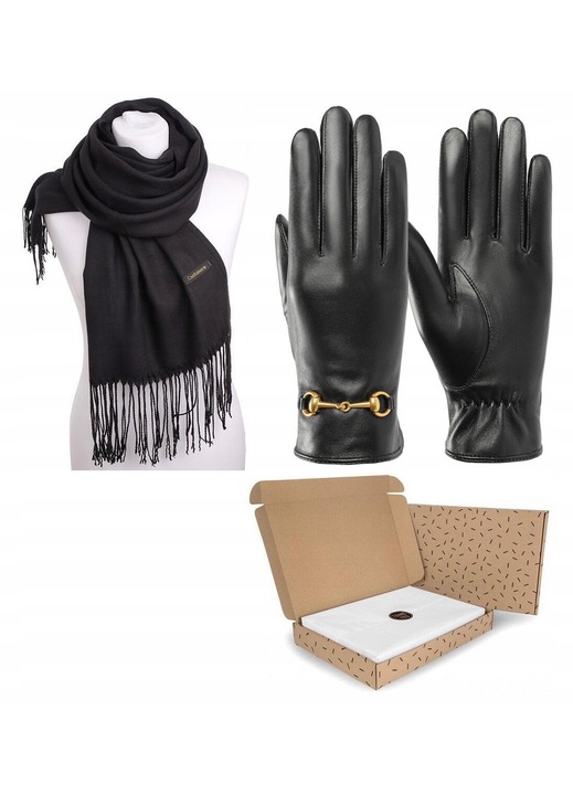 Set Cadou Stylion, Esarfa de Dama, Manusi Piele, Negru, 186x70cm