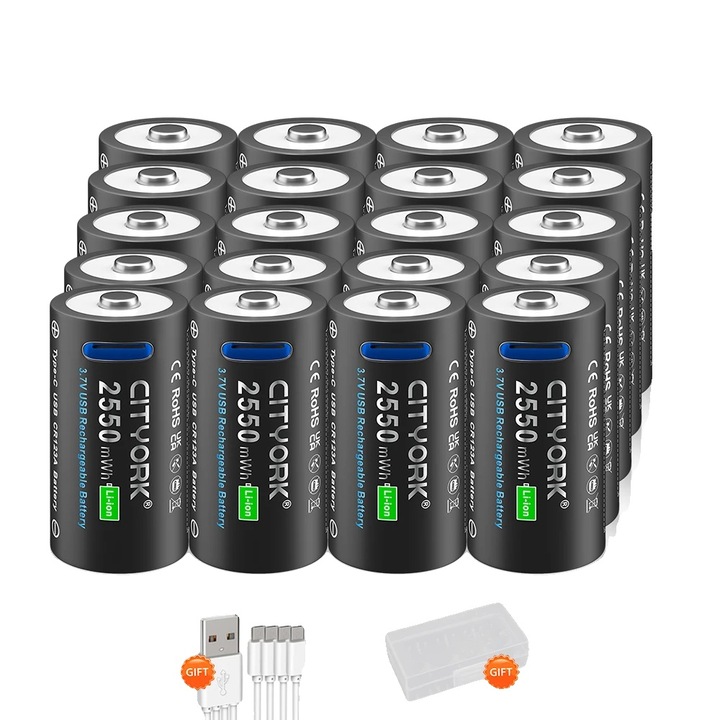 Set baterii CR123A, 20pcs, 2550mWh, cablu USB Type-C, cutie baterii