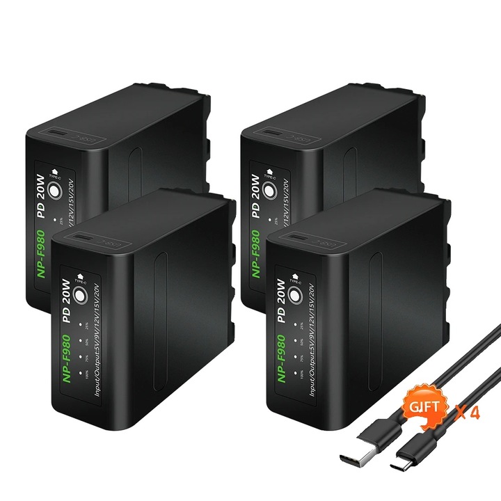 Set 4 acumulatori NP-F980, 10800mAh, 7.2V, cablu USB