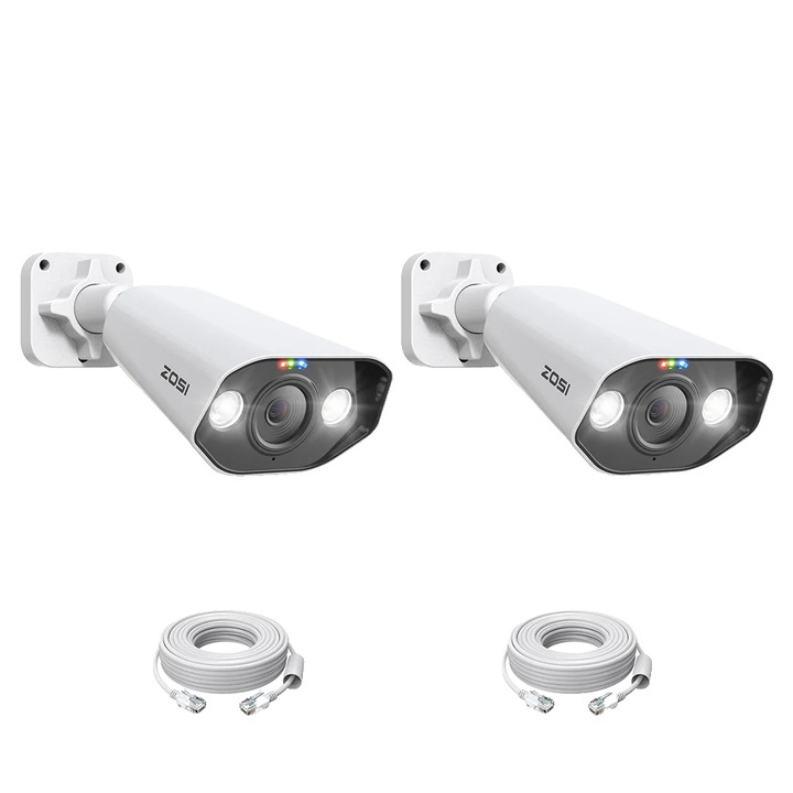 Set 2 Camere de supraveghere Zosi, Ultra HD 8MP, Viziune Nocturna Color, Audio Bidirectional, Detectare Umana, Rezistent la Intemperii, 30m IR