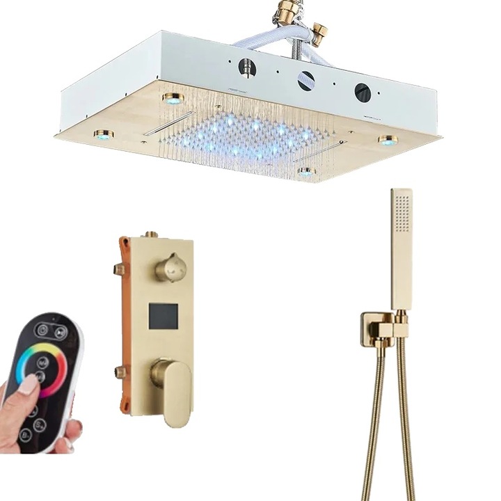 Coloana de dus cu termostat, LED, control remote, aur periat, peste 400mm, set