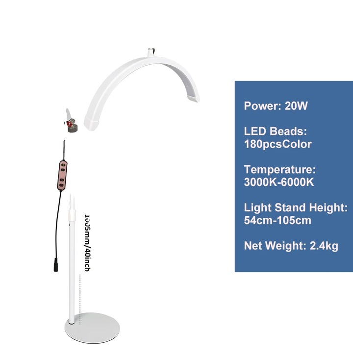 LED лампа, регулируема, 20W, 3000K-6000K, бяла, 54x105см, с дистанционно, комплект