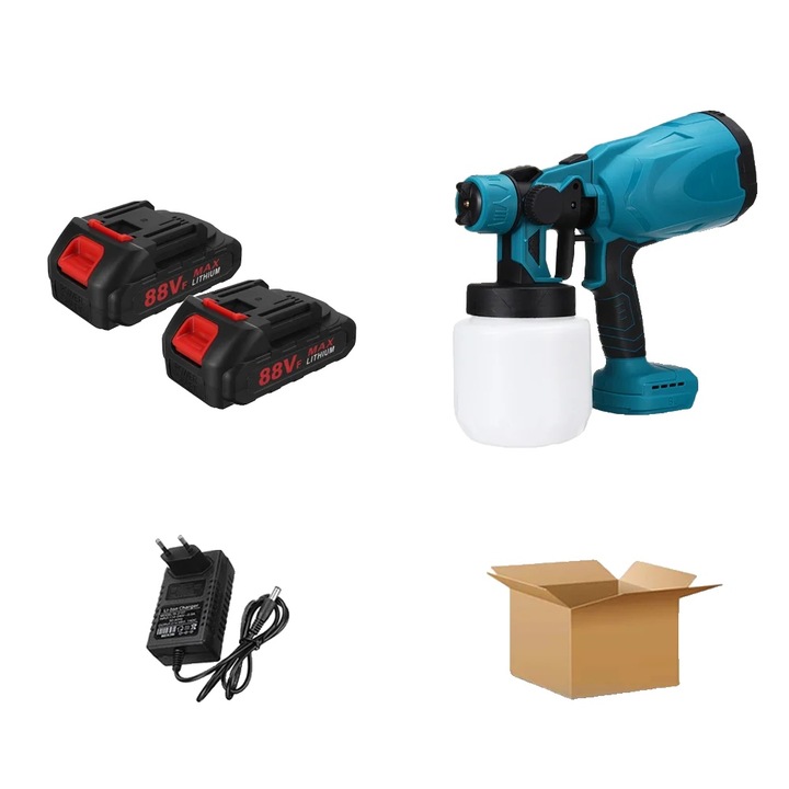 Pistol de vopsit electric fara fir, 1500W, 2 baterii 88VF, volum rezervor 800 ml, 31x28x31cm